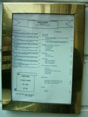 The Dublin Packet -  Food Menu
